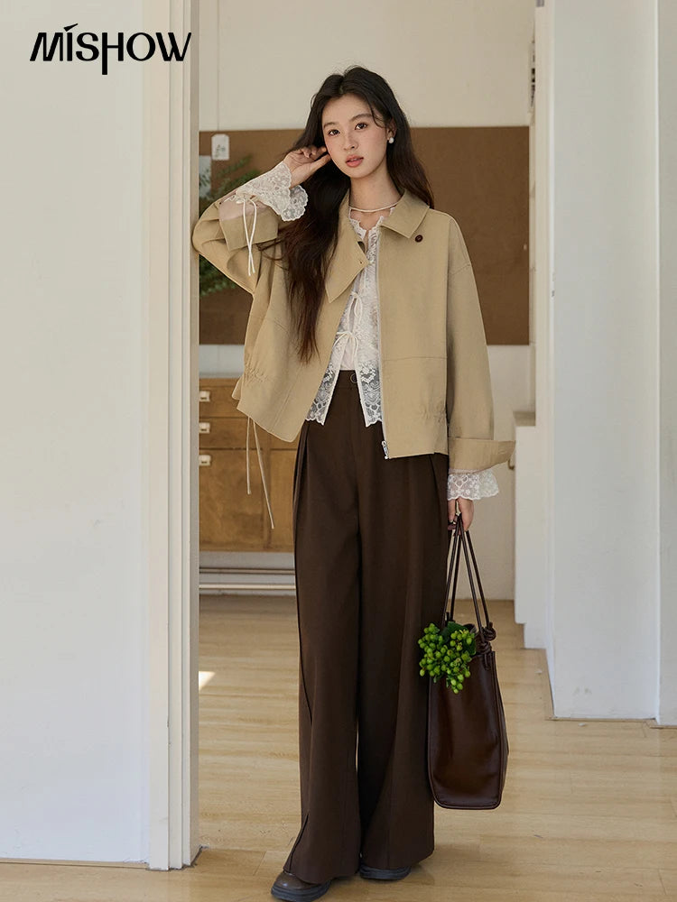 MISHOW Khaki Cropped Jacket Asymmetrical Collar Drawstring Waist MXF11W1029
