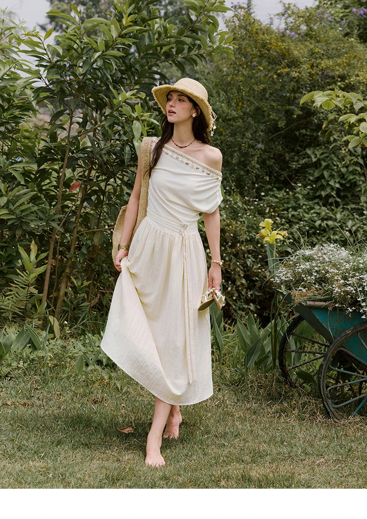 Mishow Shell Webbing Oblique Collar Slim Dress MXE31L2189