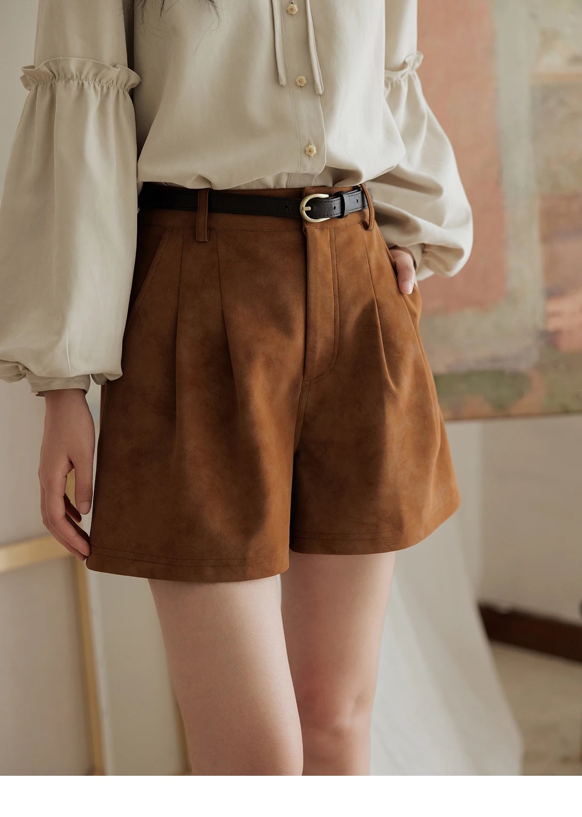 Mishow Suede High Waist A-Line Wide Leg Shorts with Pockets MXD44K0753