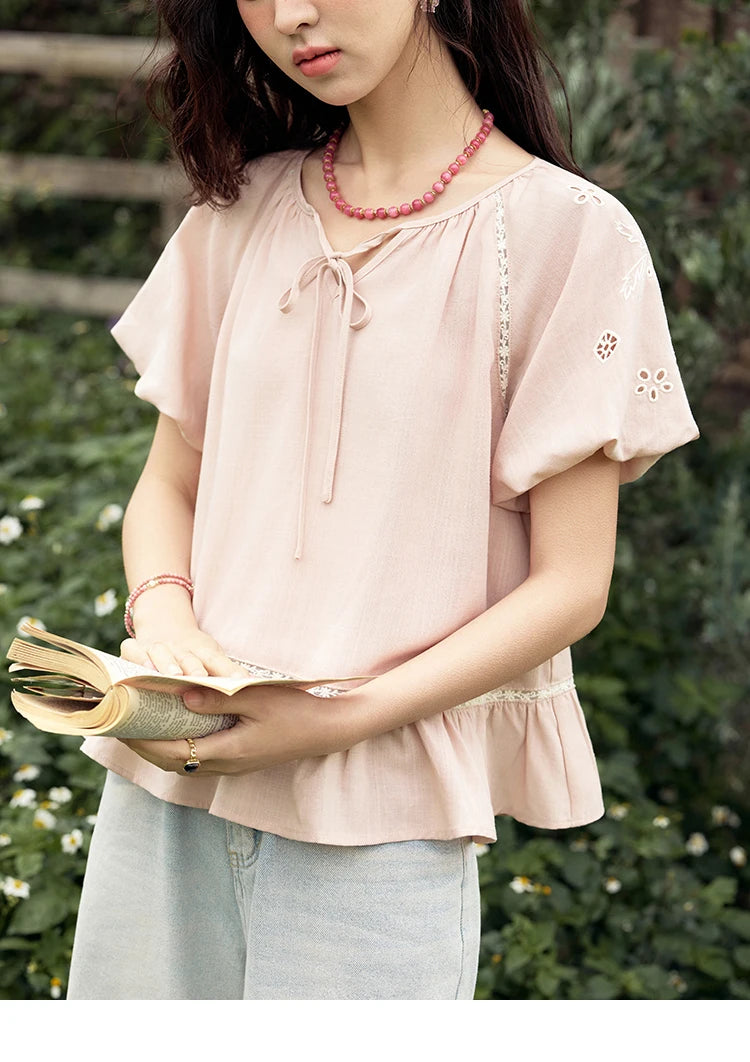 MISHOW Puff Sleeve Blouse Round Neck Hollow Embroidery MXE31X1747