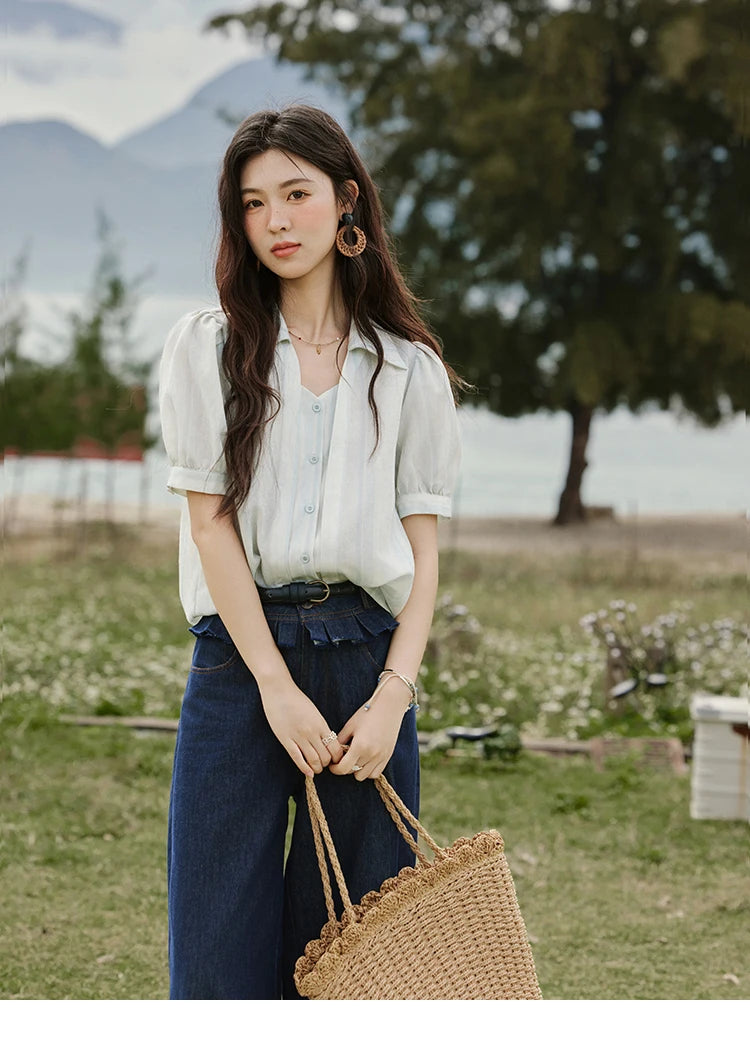 MISHOW Solid Short Sleeve Blouse Turn-Down Collar Slimming MXE33C0782