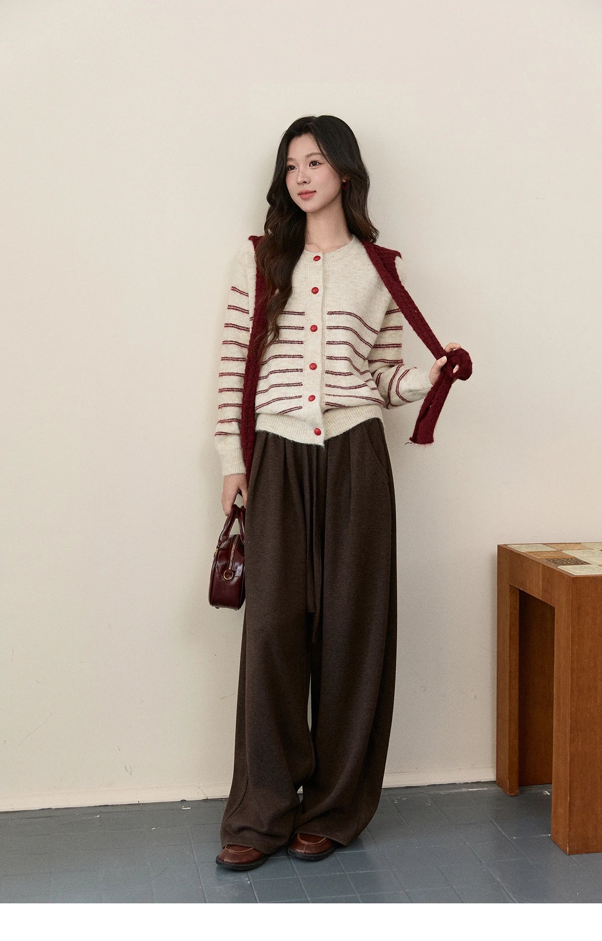 Mishow Beige Striped Red Scarf Button Cardigan MXE93Z2948