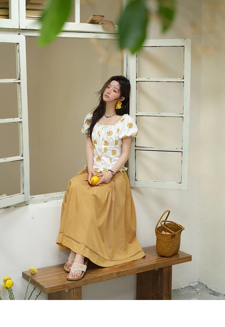MISHOW Yellow Flower Embroidery Blouse Puff Sleeve Lace Up MXE35X1811