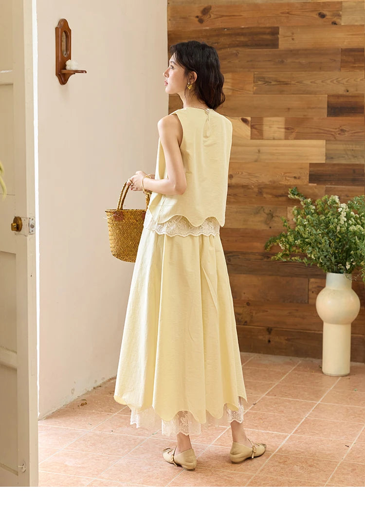 Mishow O-Neck Lace Patchwork Top & Elastic Waist Midi Skirt Set MXE36T0641