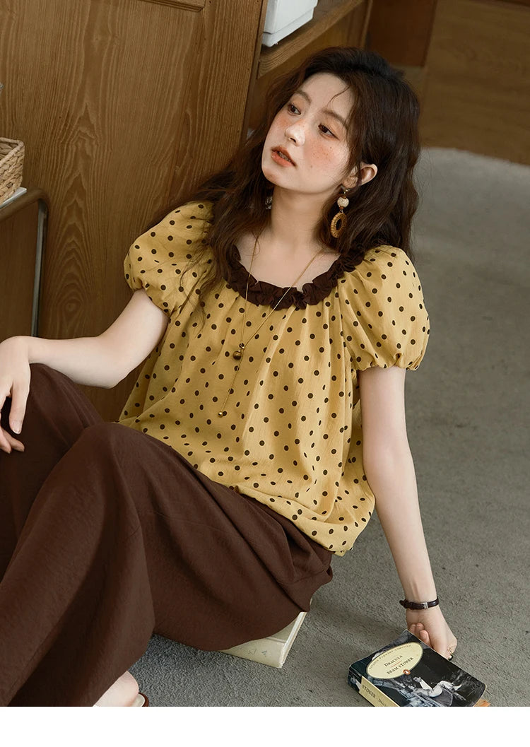 Mishow Polka Dot Puff Sleeve Top & Wide Leg Pants Set MXE39T0657