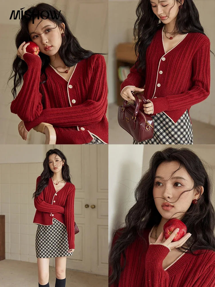 Mishow French Gentle V-Neck Color Clash Cardigan MXD34Z0925