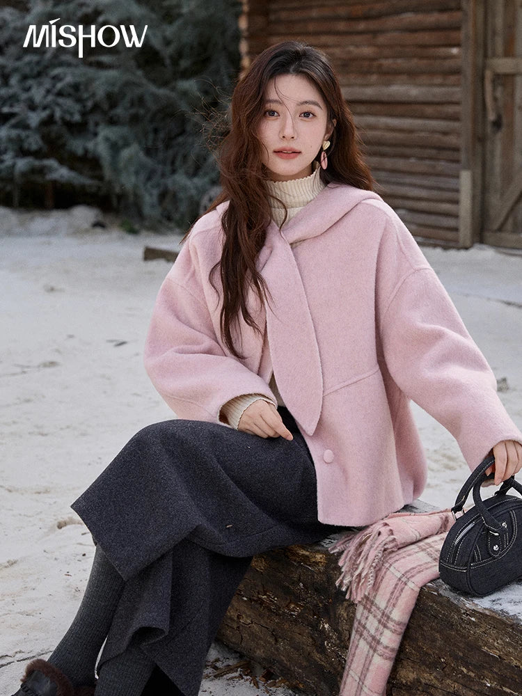 Mishow Pink Wool Hooded Bow Tie Strap Coat MXE91W1010