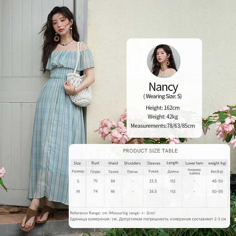 Mishow French Slash Neck Striped Chiffon Dress MXE39L2380