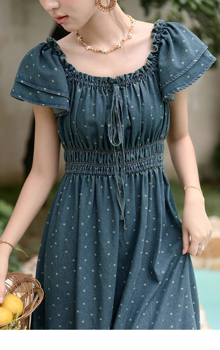 Mishow Polka Dot Flying Sleeve Lace-Up Denim Dress MXD30L2022