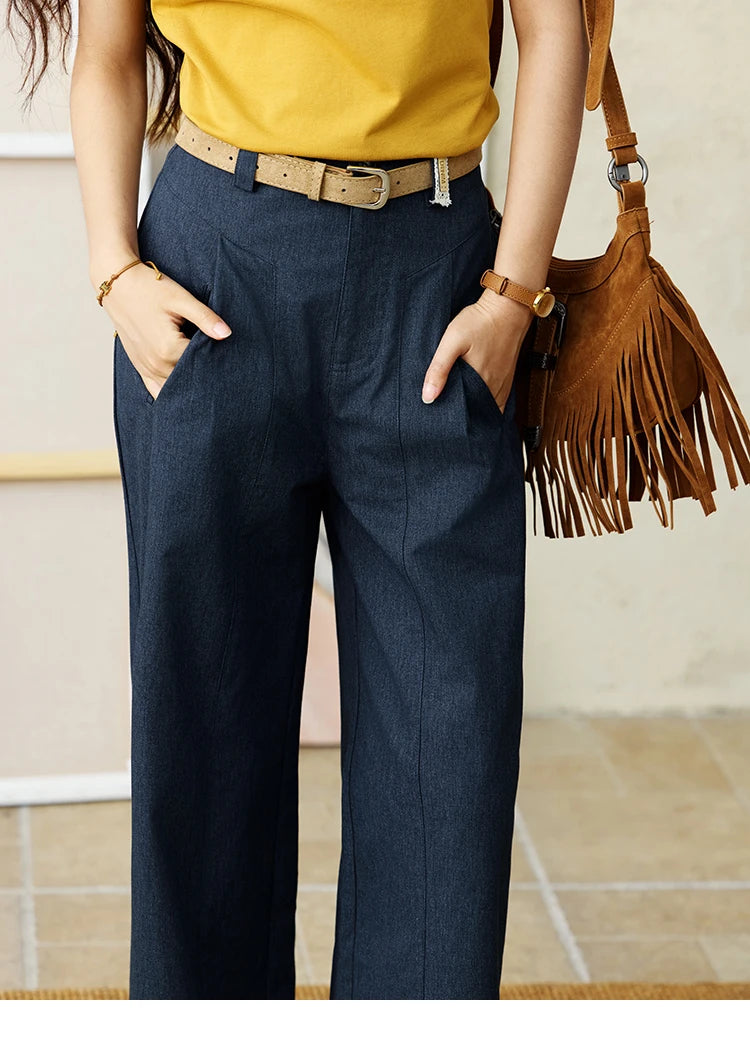 MISHOW Dark Blue High Waist Wide-Leg Pants Slimming Straight MXE31K0902