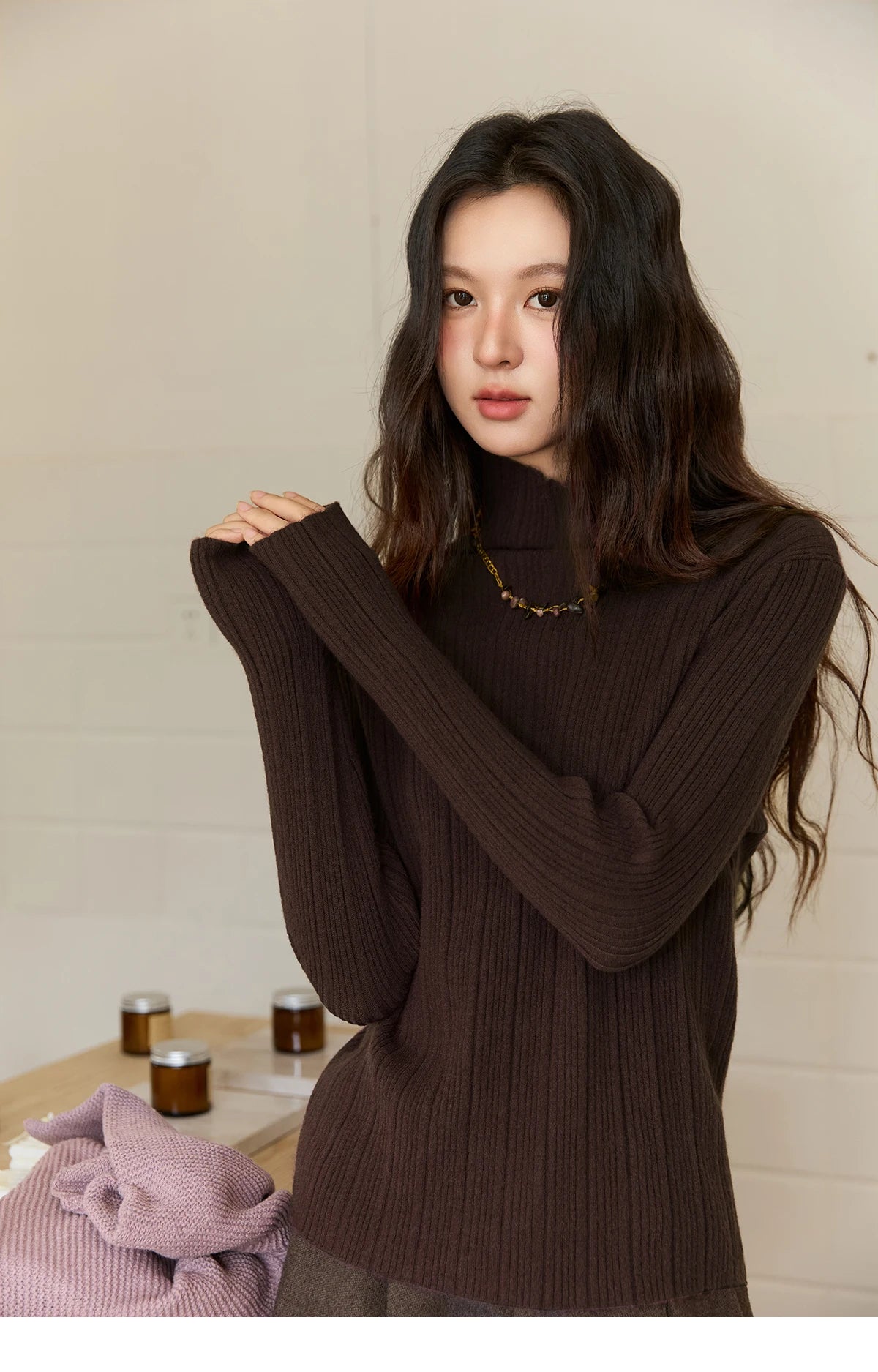 Mishow Solid Turtleneck Vertical Ribbed Slim Top MXE86Z2656