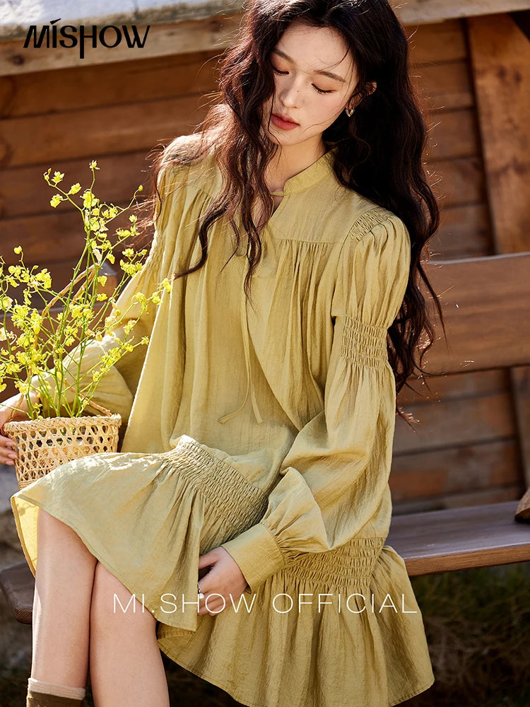 Mishow Folded Lace-Up V-Neck Doll Dress MXE11L2113