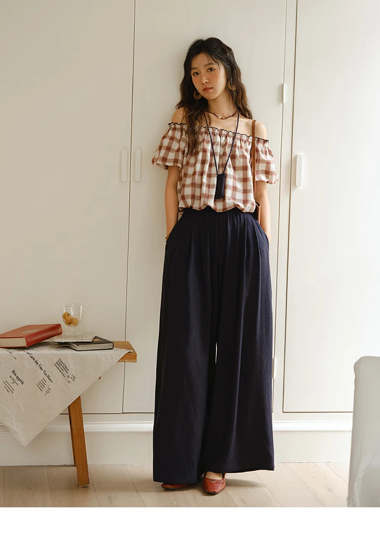 Mishow Retro Red Grid Puff Sleeve Top & Wide Leg Pants Set MXE37T0649