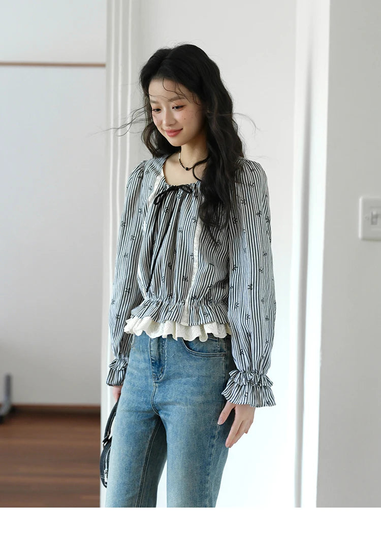 MISHOW Black Striped Blouse Lace-Up Bow Round Collar MXE41X1948
