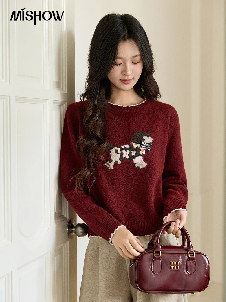 Mishow Burgundy Poodle Pattern Ruffled Trim Pullover MXE93Z2949