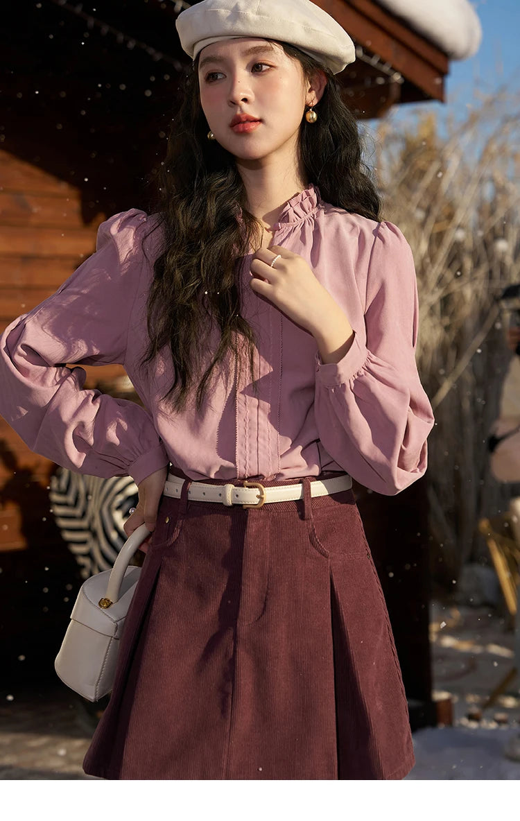 MISHOW Button Up Lantern Sleeve Shirt Ruffle Neck MXC56X1320