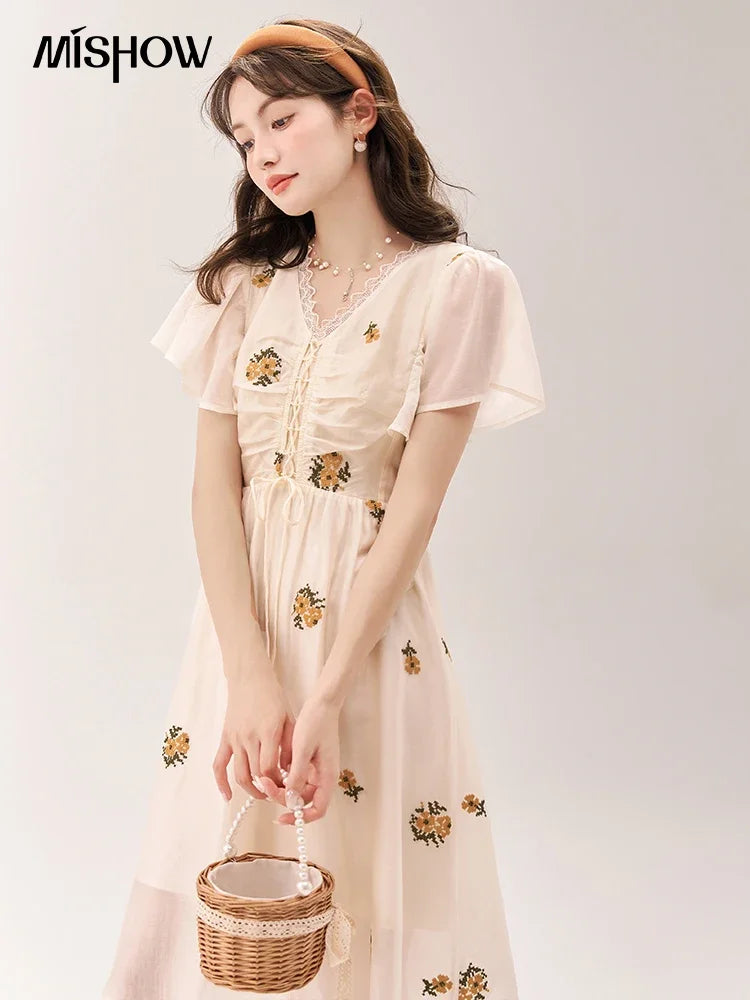 Mishow Van Gogh Sunflower Embroidered Butterfly Sleeve Dress MXC39L1524