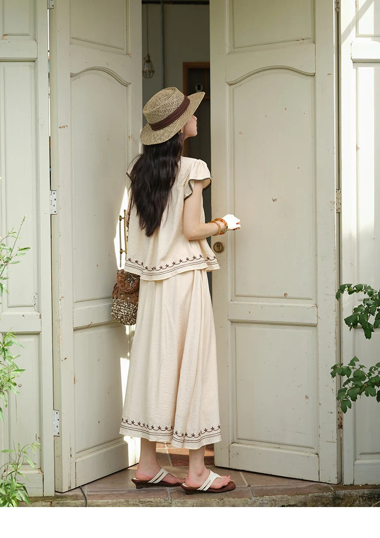 Mishow Embroidery Flying Sleeve Top & Elastic Waist Skirt Set MXE39T0667