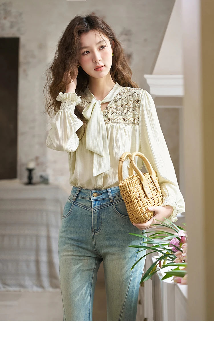 MISHOW Ribbon Collar Shirt Sweet Cuffs Pleated Embroidered Petal Sleeve MXD14C0226