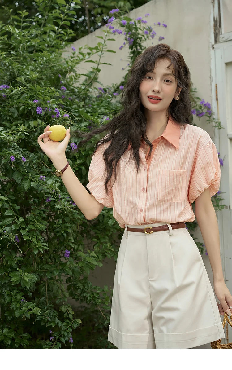 MISHOW Hong Kong Retro Pink Striped Shirt Bubble Sleeve Lapel MXD28C0250