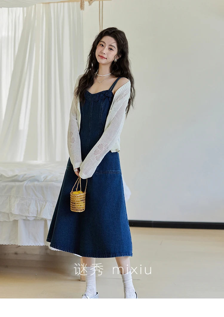 Mishow Denim Camisole Hollowed Out Lace Edge Dress MXE13L2094