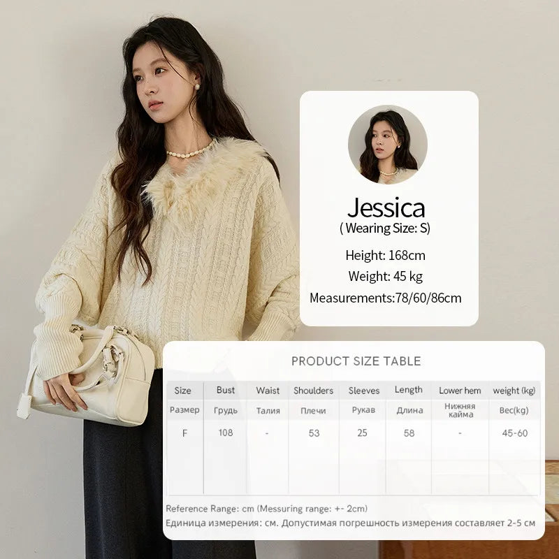 Mishow Faux Fur Collar Batwing Cable Knit Pullover MXE94Z2985
