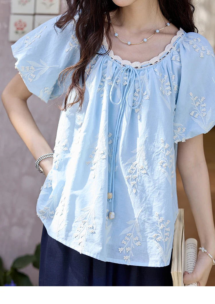 MISHOW Blue Cotton Embroidered Blouse Wave Edged O-Neck MXE35X1791