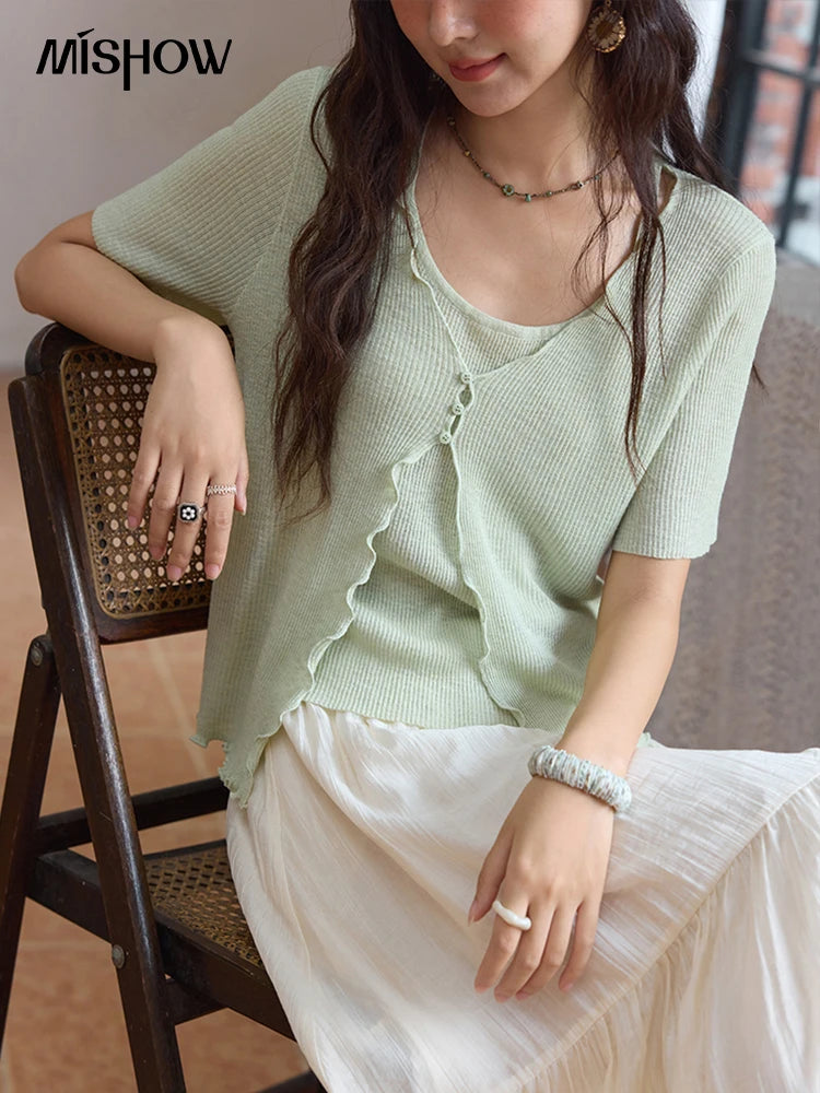 Mishow Mint Green Fake Two-Piece Short Sleeve Cardigan MXE36Z1286