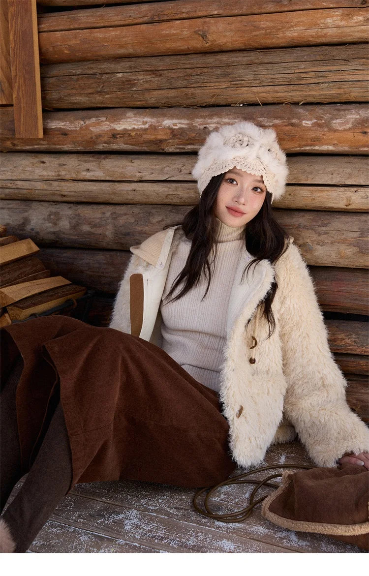 MISHOW Beige Knitted Hooded Plush Coat Warm Windproof MXE86W0908