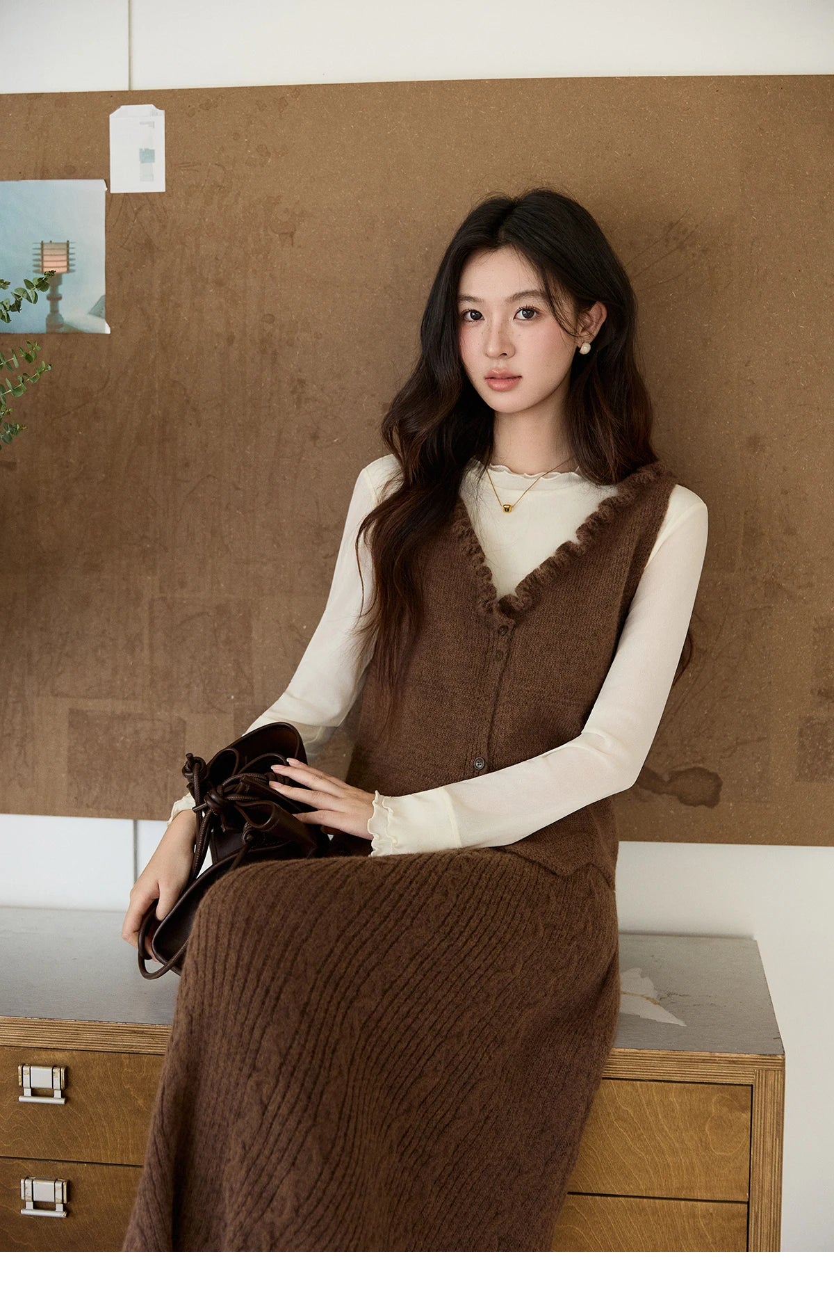 Mishow Brown Knitted Vest & Cable Knit Maxi Skirt Set MXF11T1460