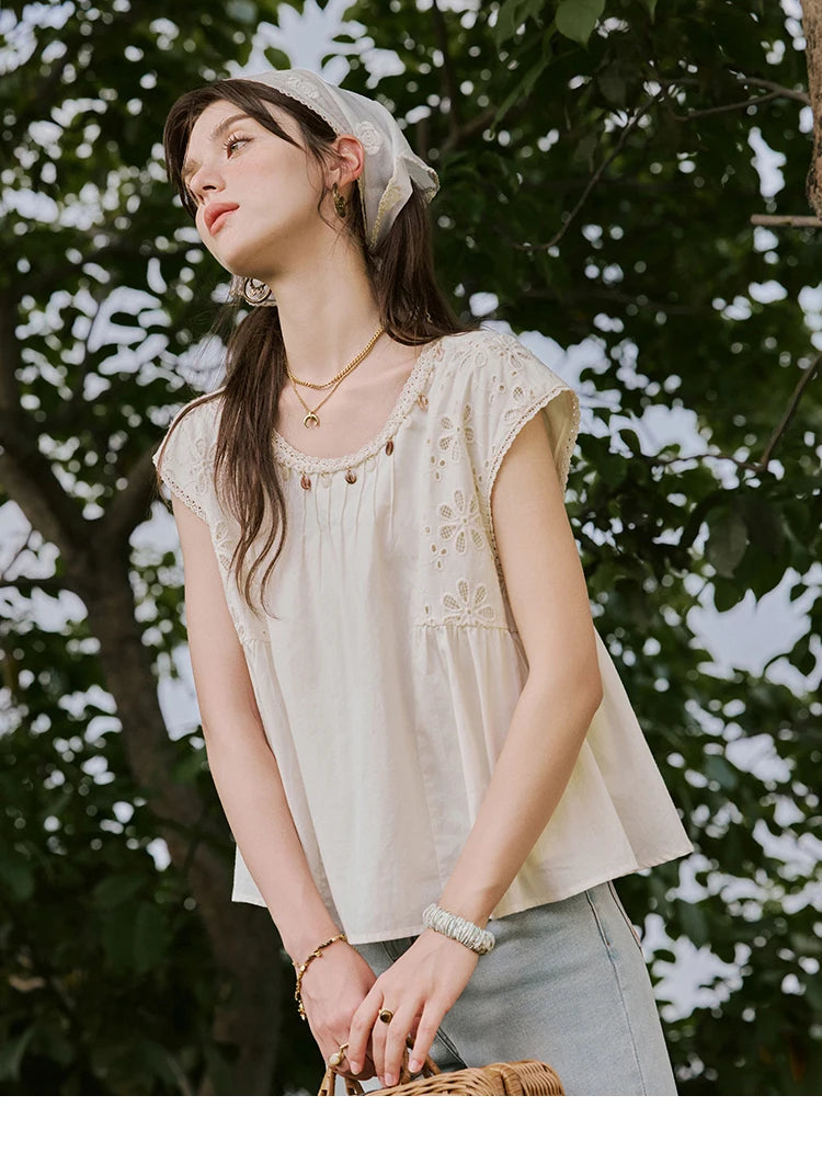 MISHOW Solid Short Flying Sleeve Blouse Round Neck Hollow Lace MXE33X1778