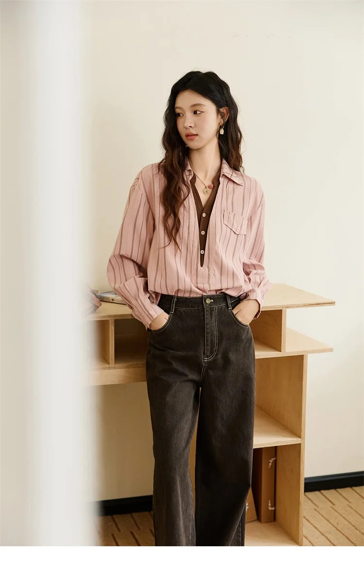 MISHOW Peach Skin Velvet Stripe Shirt Double Layered Collar MXE47C2408