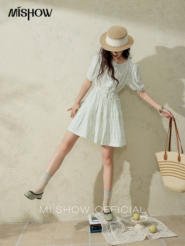 MISHOW French Green Striped Puff Sleeve Dress MXE15L2141