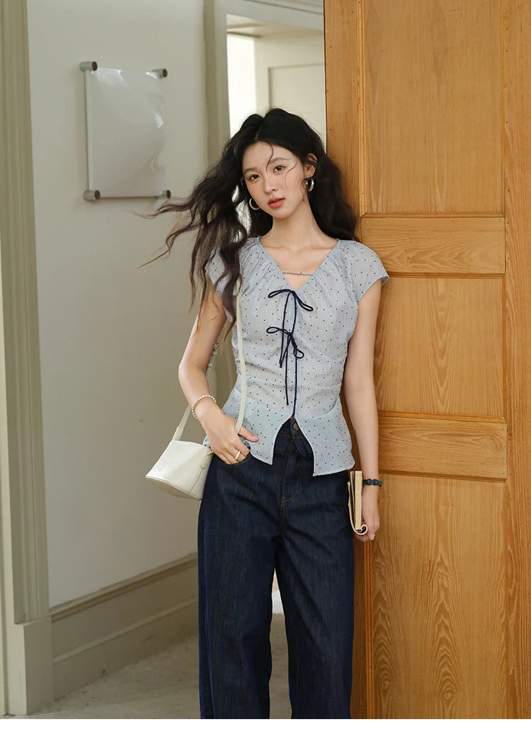 MISHOW V-Neck Bow Spliced Polka Dot Blouse Garment Sleeves MXE37X1909