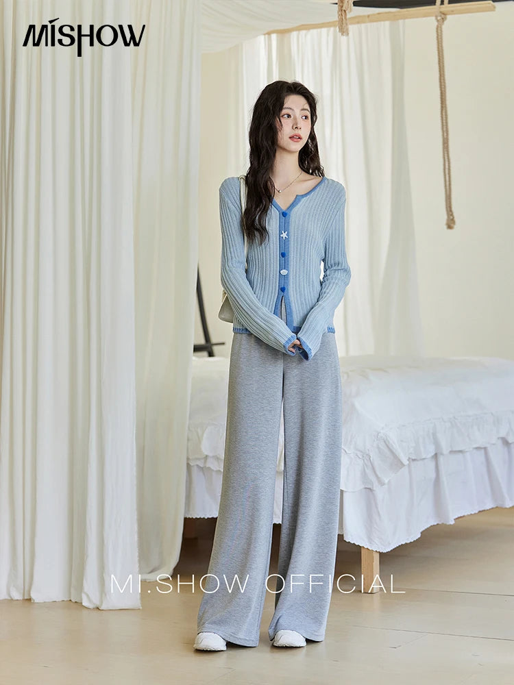Mishow Blue V-Neck Shell Button Wool Blend Sweater MXE14Z1184