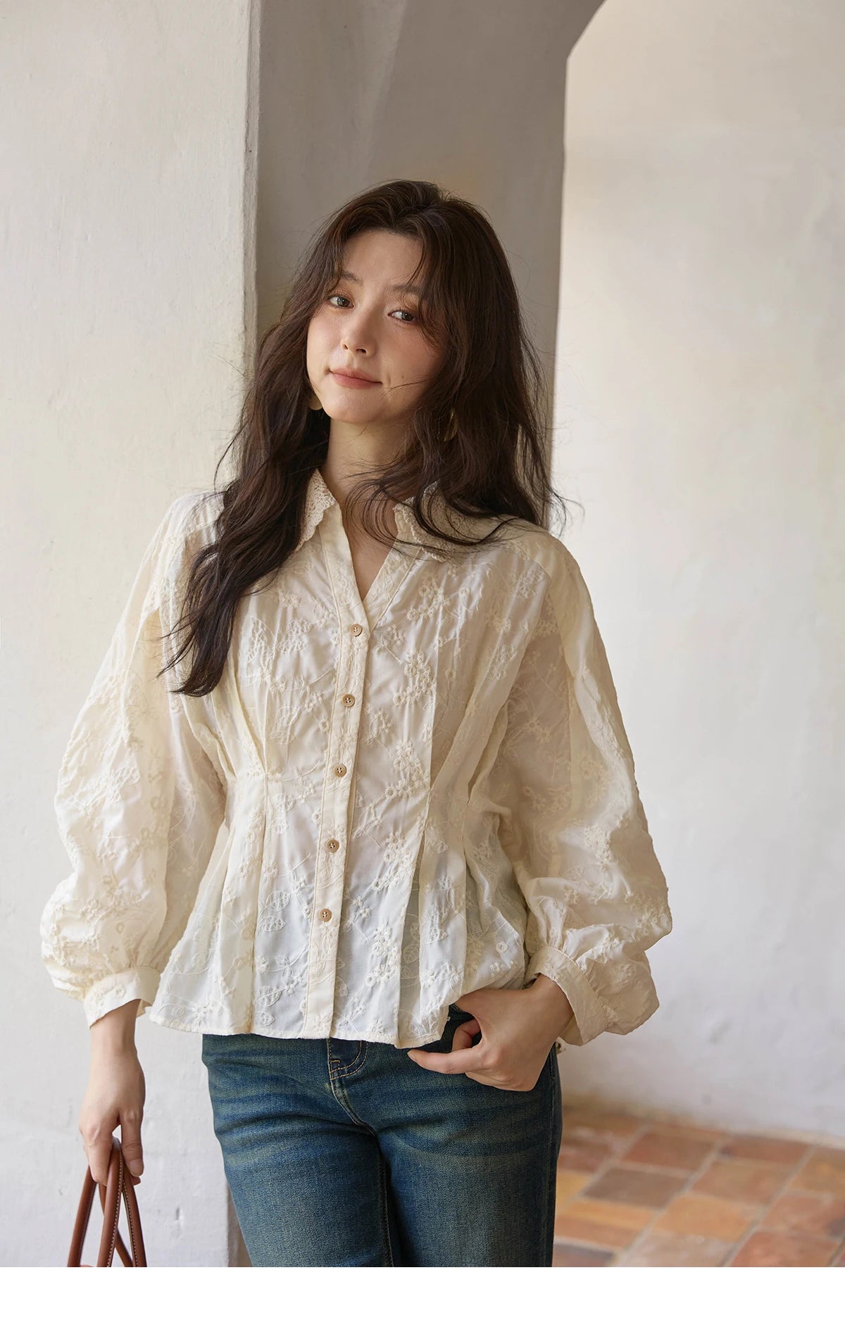MISHOW French Lace Blouse Lantern Sleeve Ruffle Hem MXE42C2372