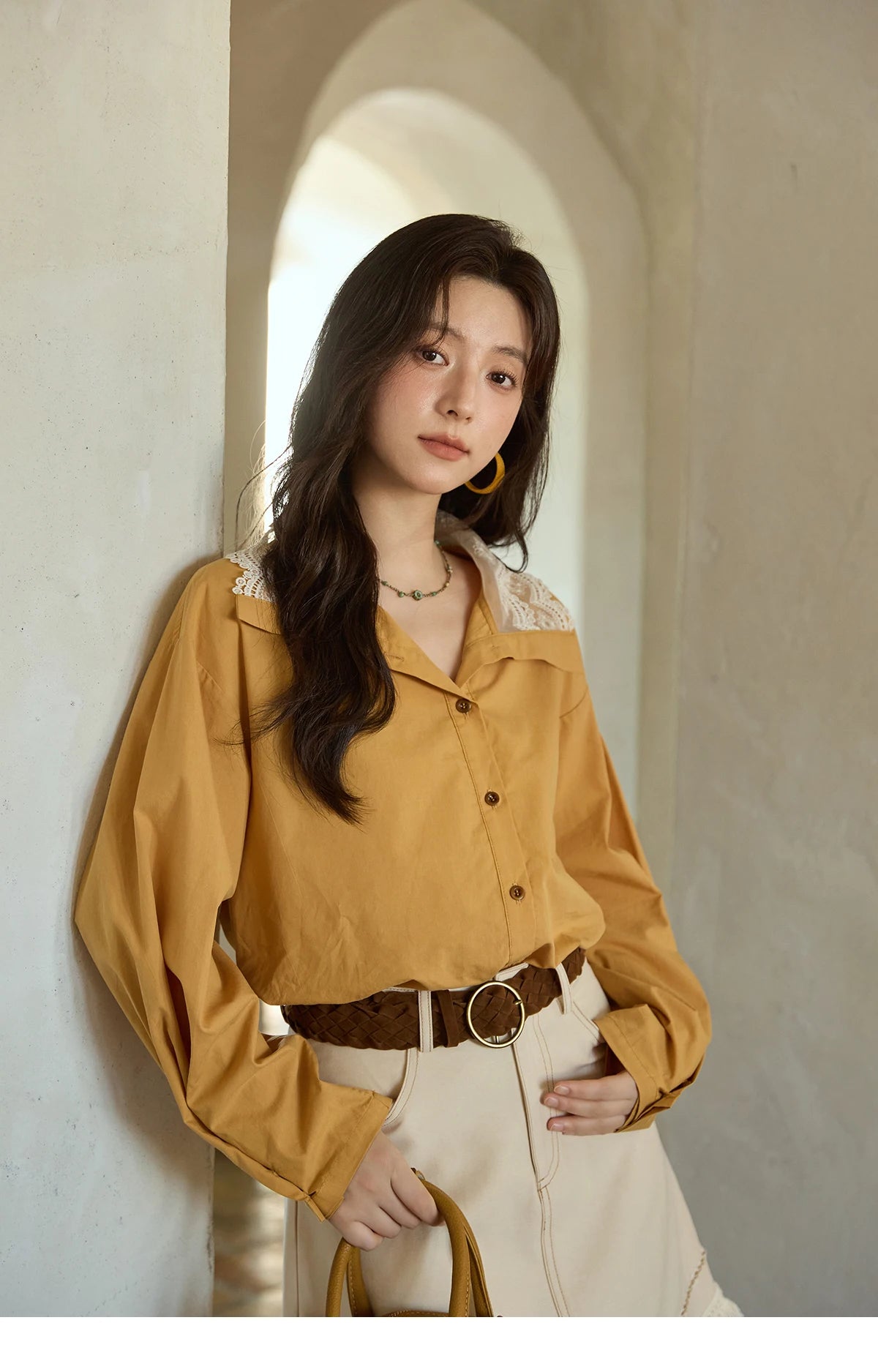 MISHOW Solid Cotton Shirt V-Neck Double Layer Lace MXE41C2366
