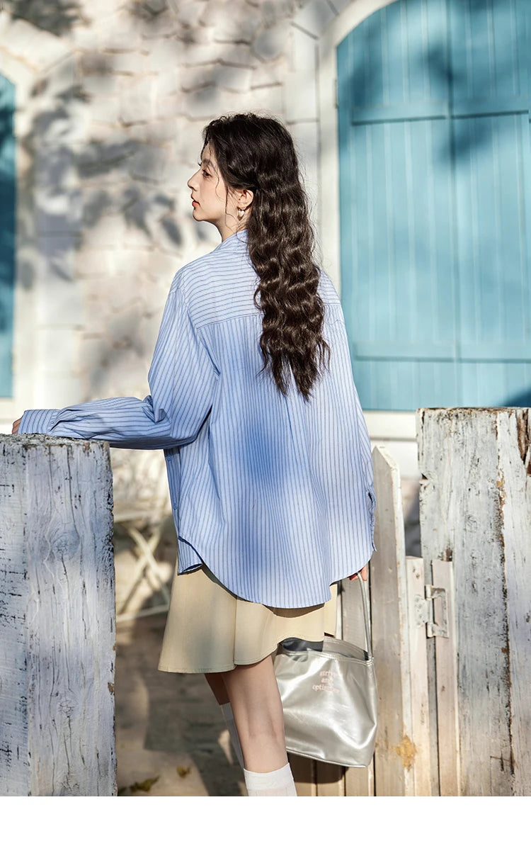 MISHOW Blue Striped Shirt Pocket Turn-Down Collar MXE11C0399