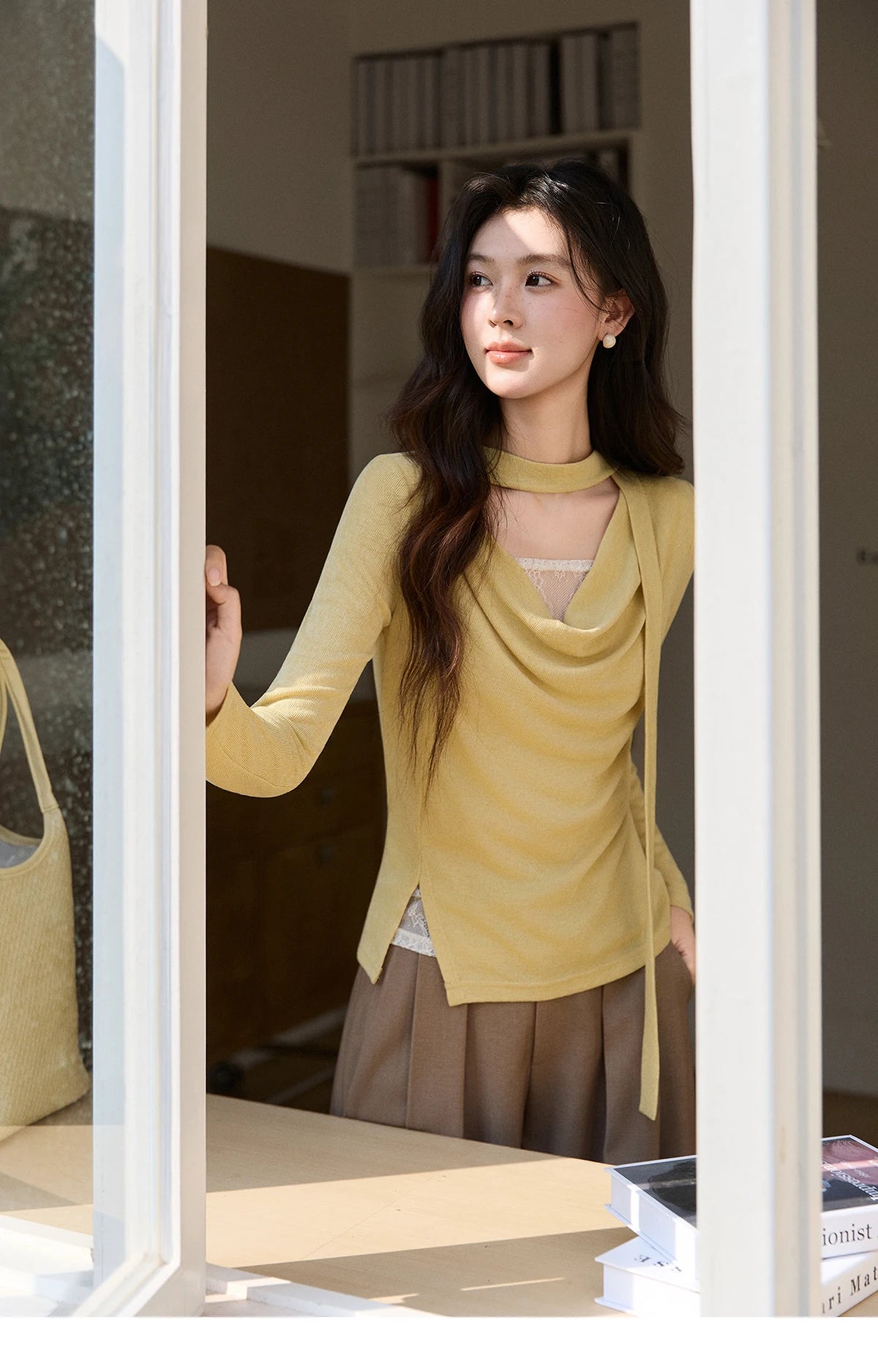 Mishow Yellow Lace Splicing Ribbon Collar Top MXF108Z1030