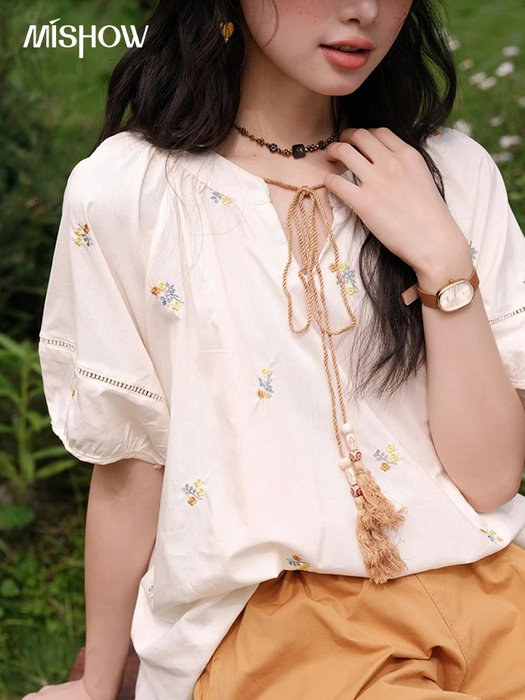 Mishow Puff Sleeve Lace-Up Top & Elastic Waist Shorts Set MXE38T0684