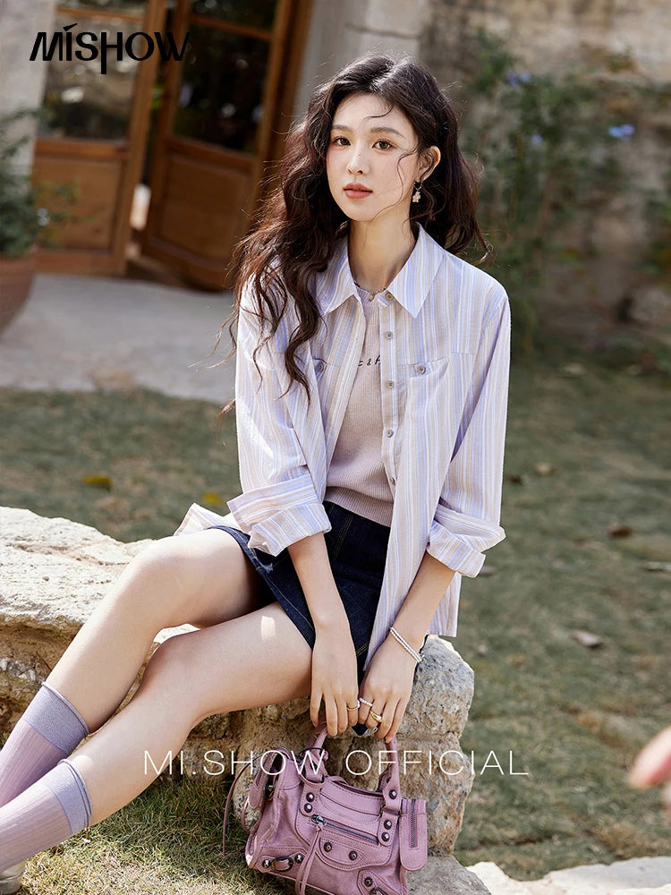 MISHOW Purple Striped Loose Shirt Turn-Down Collar MXE13C0407