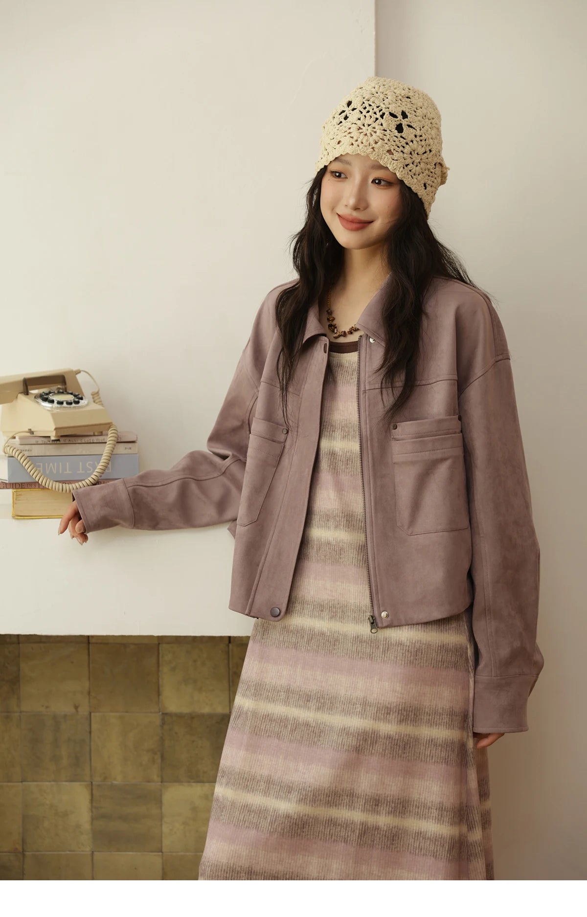 MISHOW Taro Purple Leather Jacket Contrast Splicing Double-Layer Pocket MXE44W0816