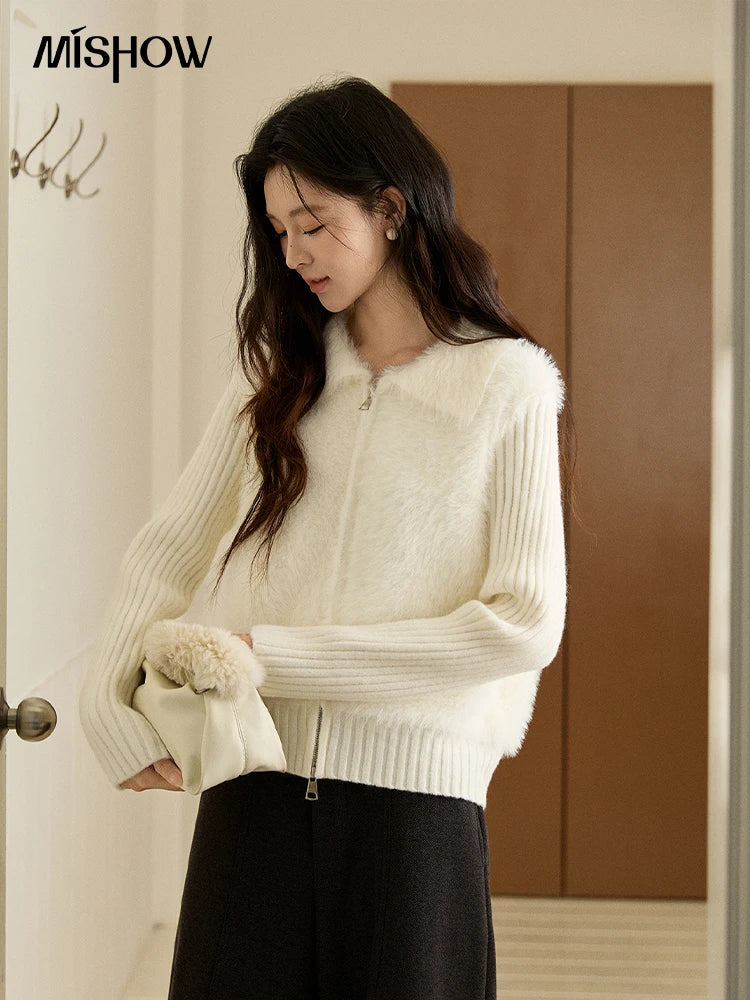 Mishow White Faux Fur Fake Two-Piece Zipper Cardigan MXE94Z2992