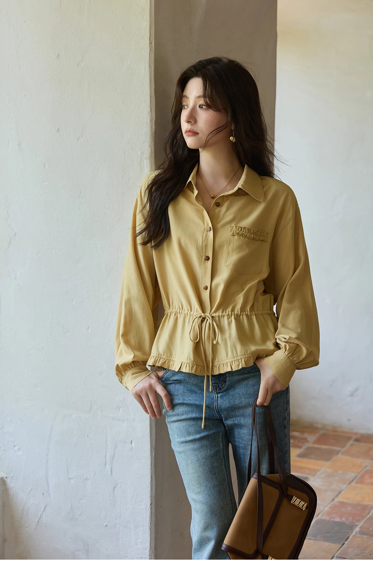 MISHOW Yellow Drawstring Waist Shirt Lapel Lantern Sleeve MXE42C2368