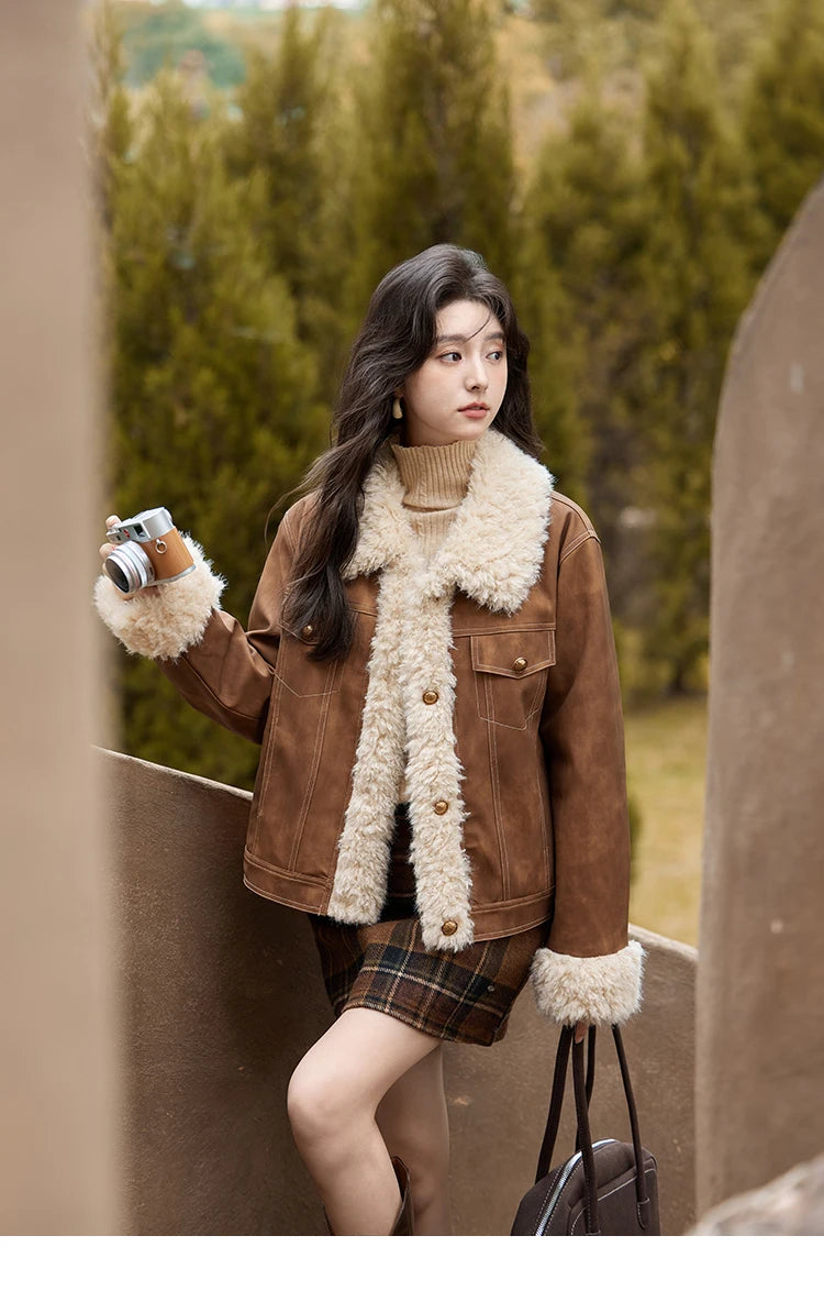 Mishow Leather Fur Lamb Wool Spliced Jacket MXD56W0538