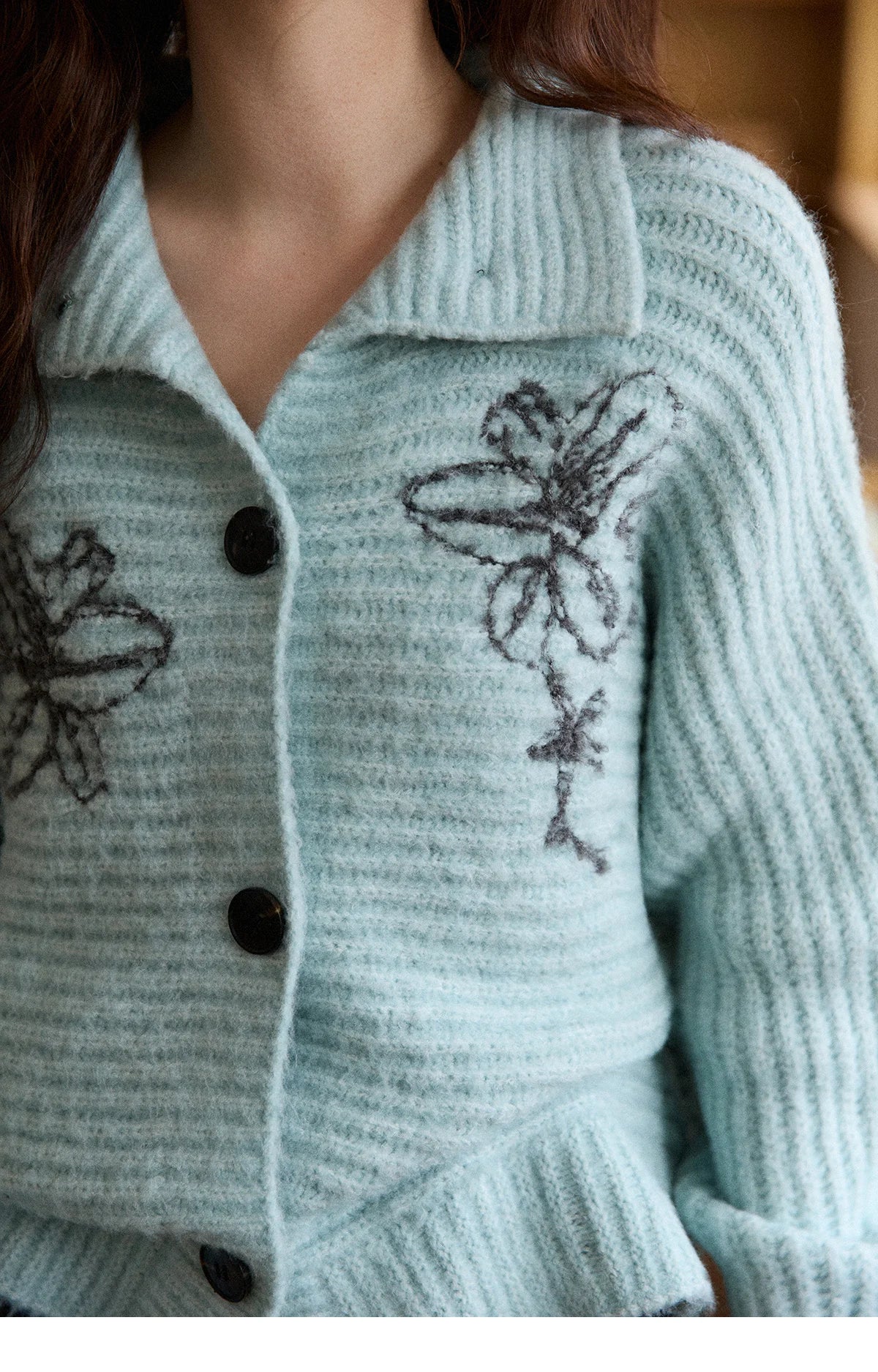 Mishow Blue Stand Collar Flower Jacquard Cardigan MXE86Z2665
