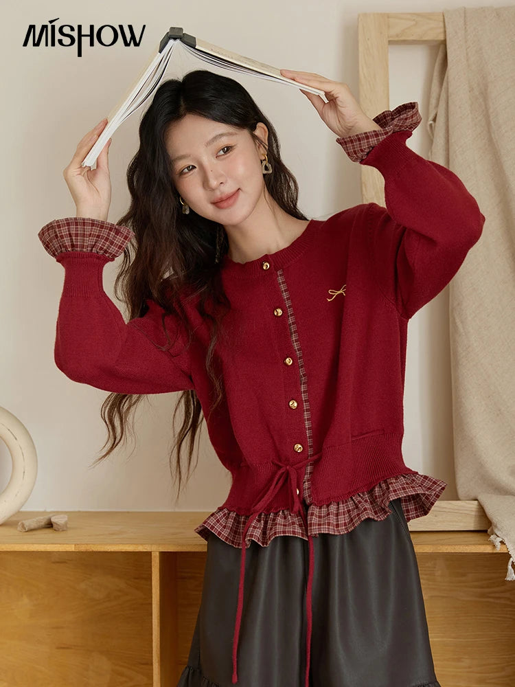 Mishow Red Fake Two-Piece Plaid Patchwork Cardigan MXE45Z2483