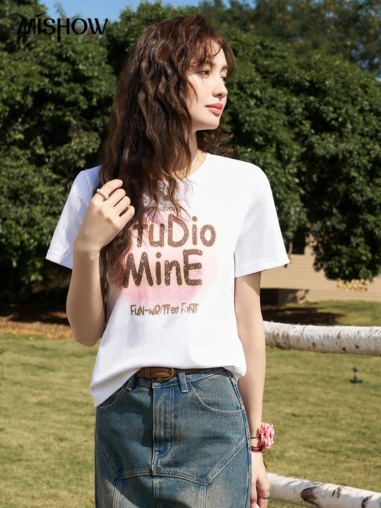 Mishow Letter Print Crew Neck Tee MXD13T0164