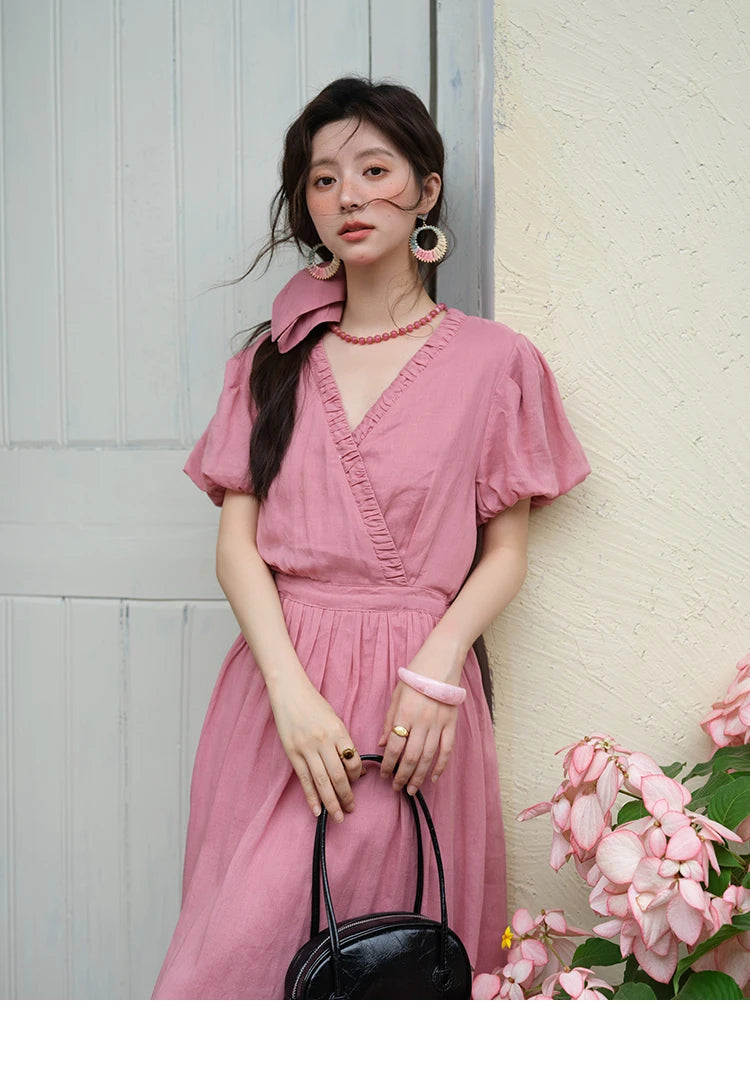 Mishow V-Neck Puff Sleeve Pocket Sash Dress MXE39L2381