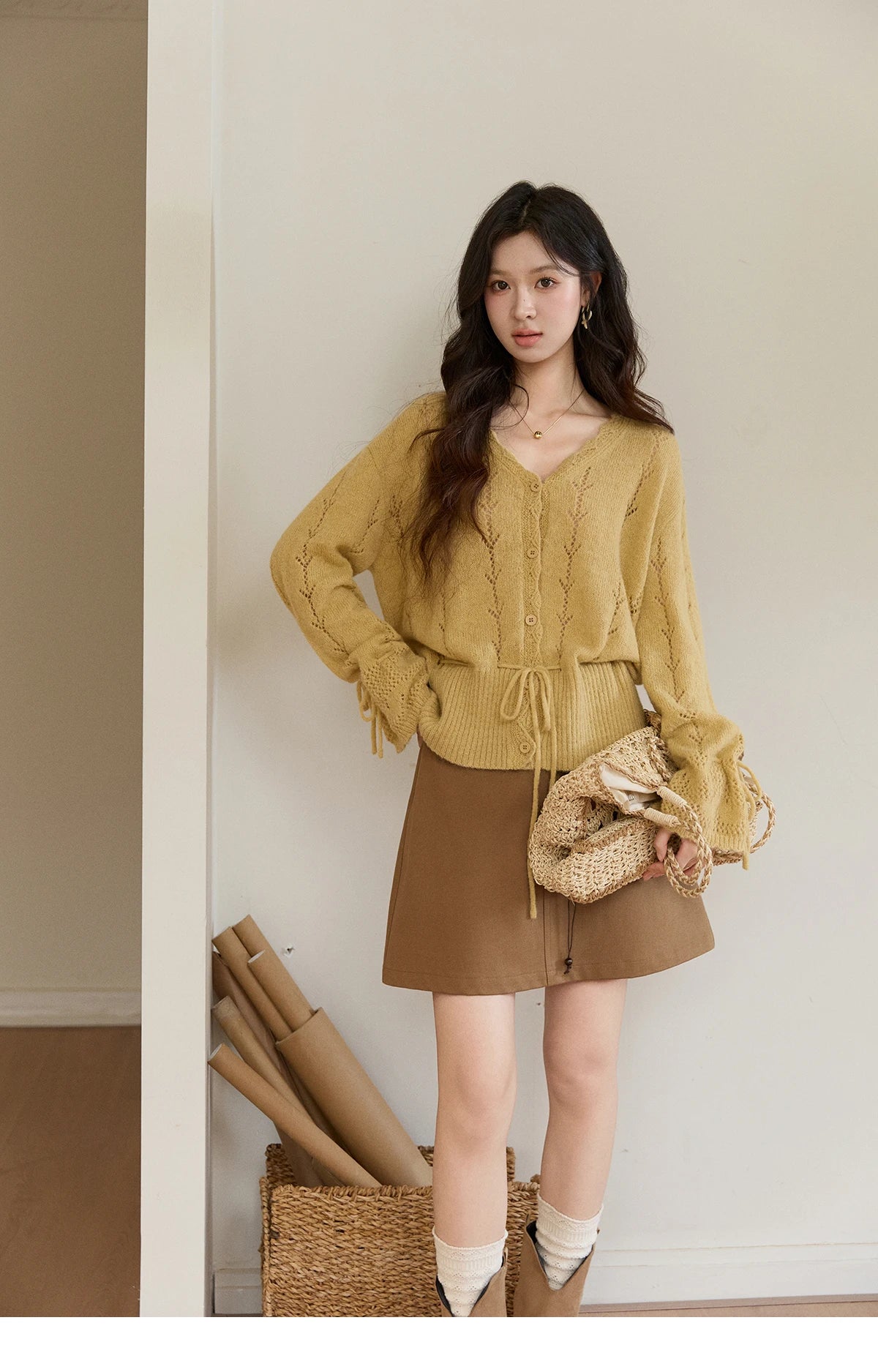 Mishow Yellow Hollow V-Neck Drawstring Cardigan MXF108Z1022